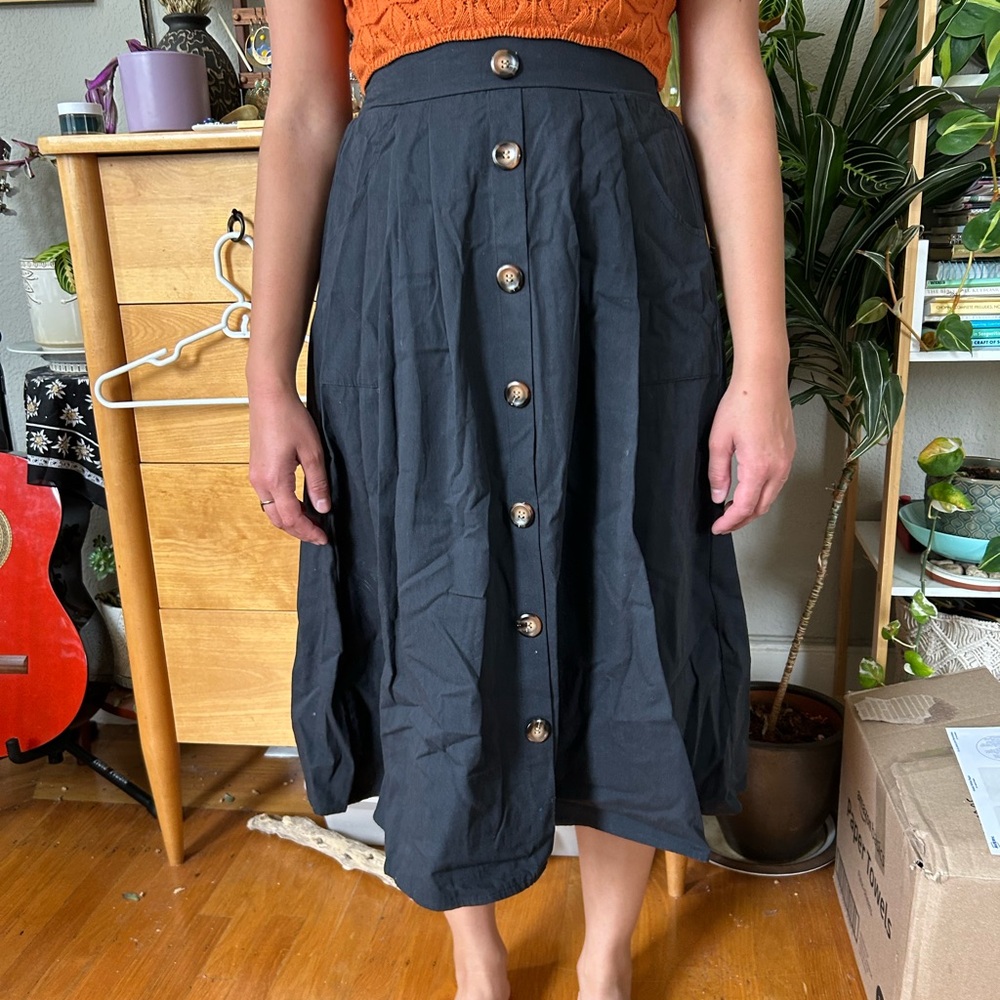 Black Button-Down Midi Skirt